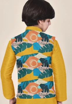 Digital Printed Art Silk Kurta Set in Mustard