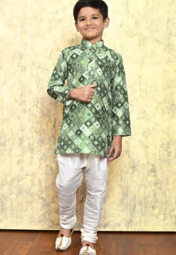 Digital Printed Art Silk Kurta Set in Green