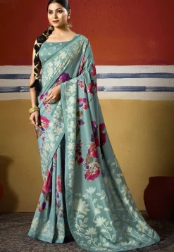 Digital Printed Art Silk Saree in Dusty Blue