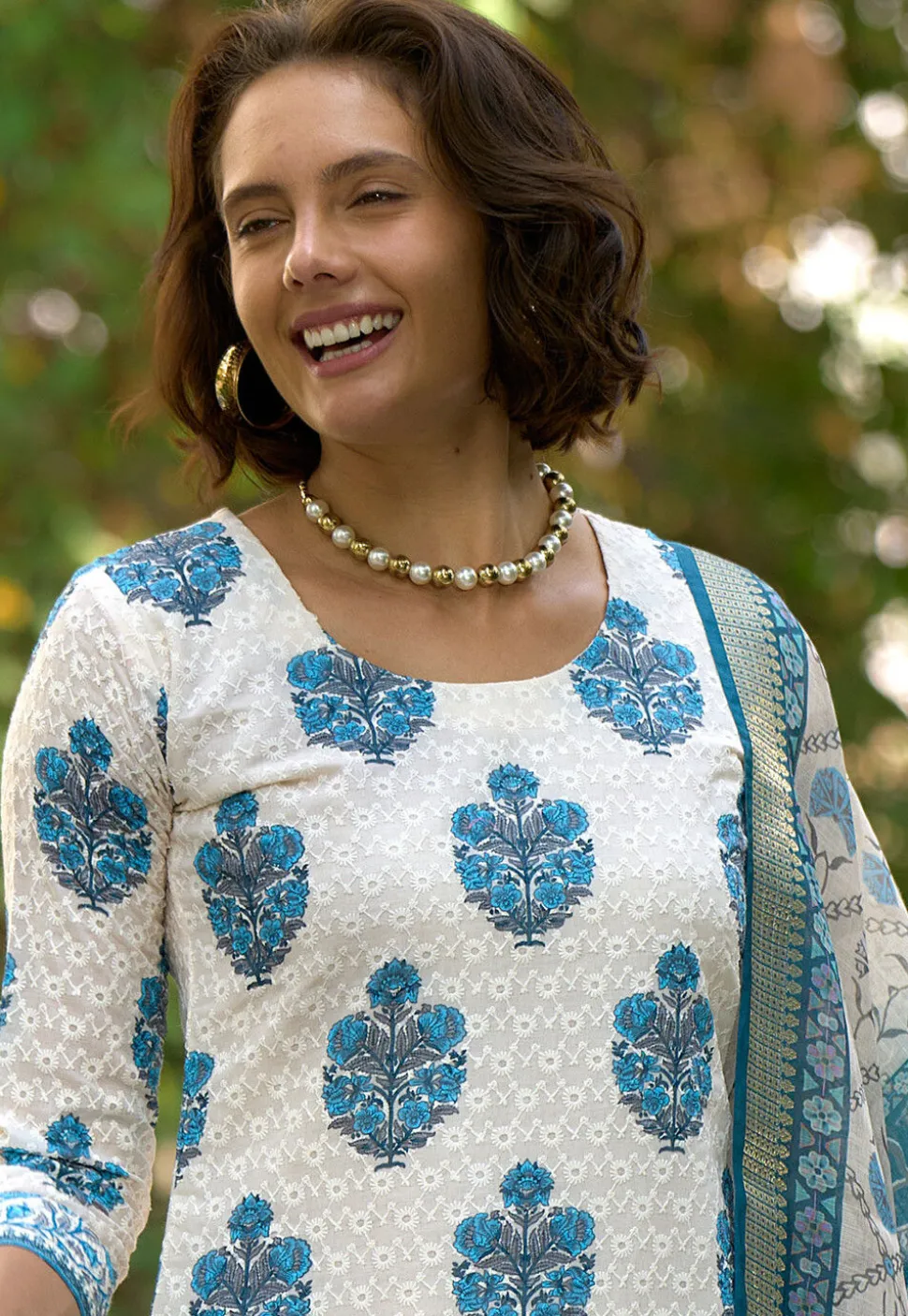 Digital Printed Art Silk Pakistani Suit in Off White