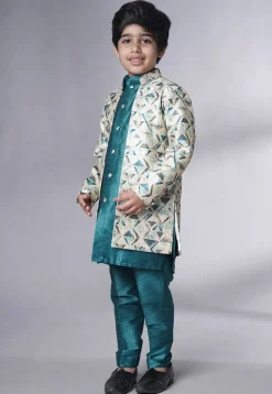 Digital Printed Art Silk Sherwani Set in Teal Blue