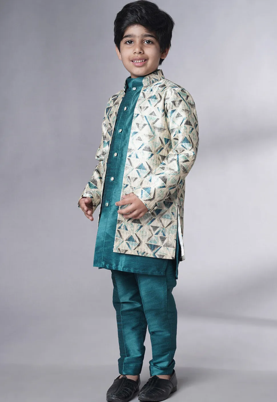 Digital Printed Art Silk Sherwani Set in Teal Blue