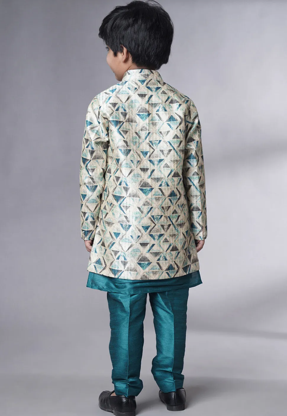 Digital Printed Art Silk Sherwani Set in Teal Blue
