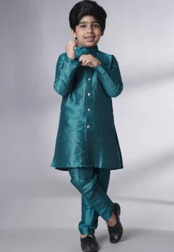 Digital Printed Art Silk Sherwani Set in Teal Blue