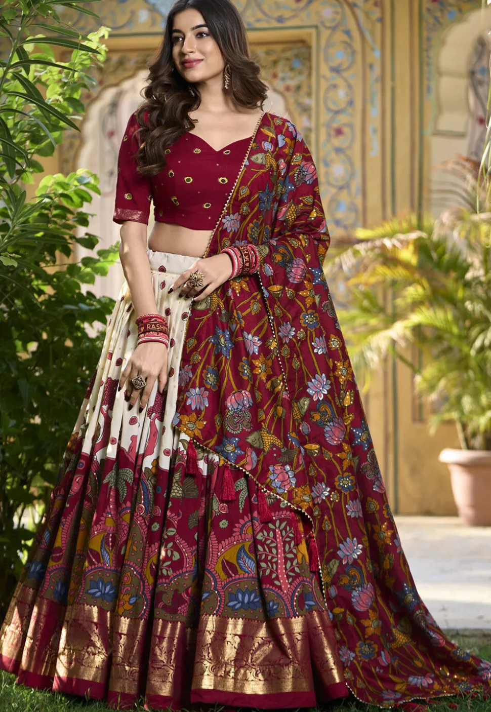 Digital Printed Art Tussar Silk Lehenga in Off White and Maroon
