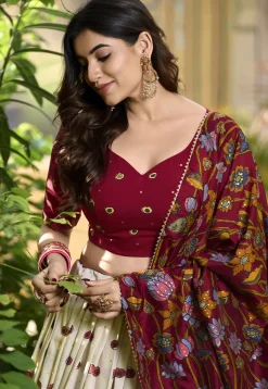 Digital Printed Art Tussar Silk Lehenga in Off White and Maroon