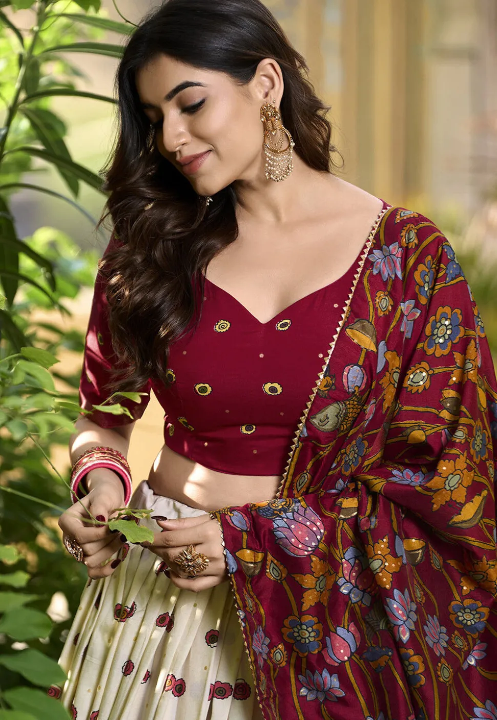 Digital Printed Art Tussar Silk Lehenga in Off White and Maroon