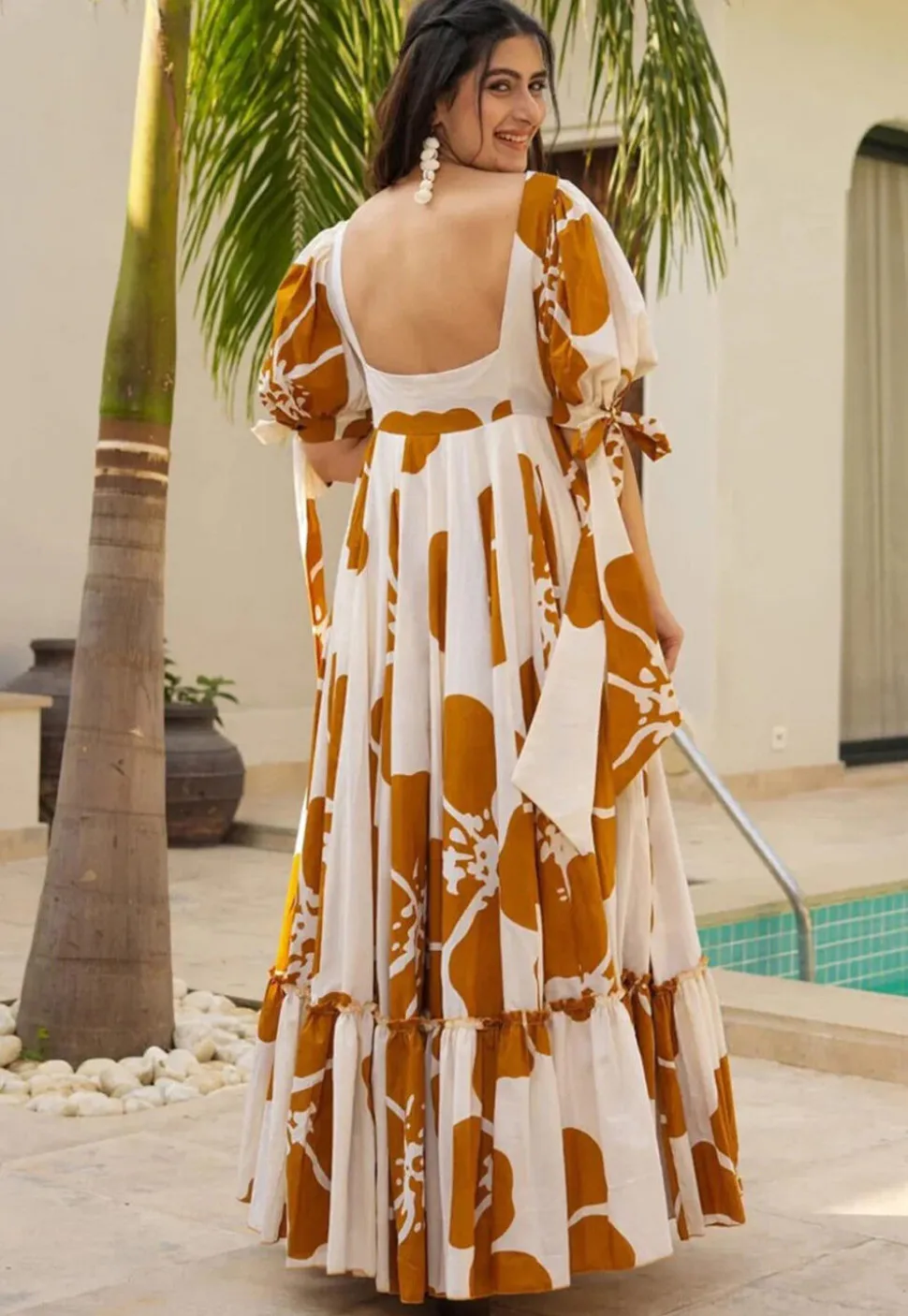 Digital Printed Cambric Cotton Gown in Off White