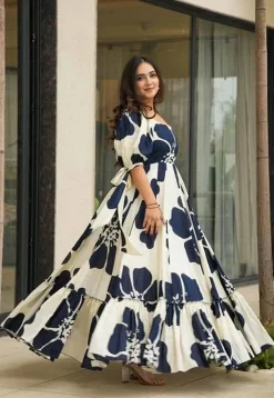 Digital Printed Cambric Cotton Gown in Off White