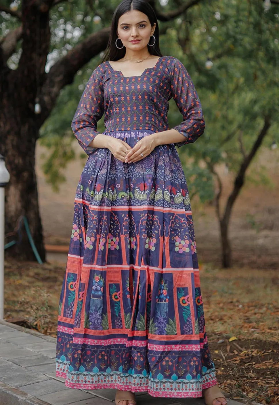 Digital Printed Chanderi Cotton Maxi Dress in Navy Blue