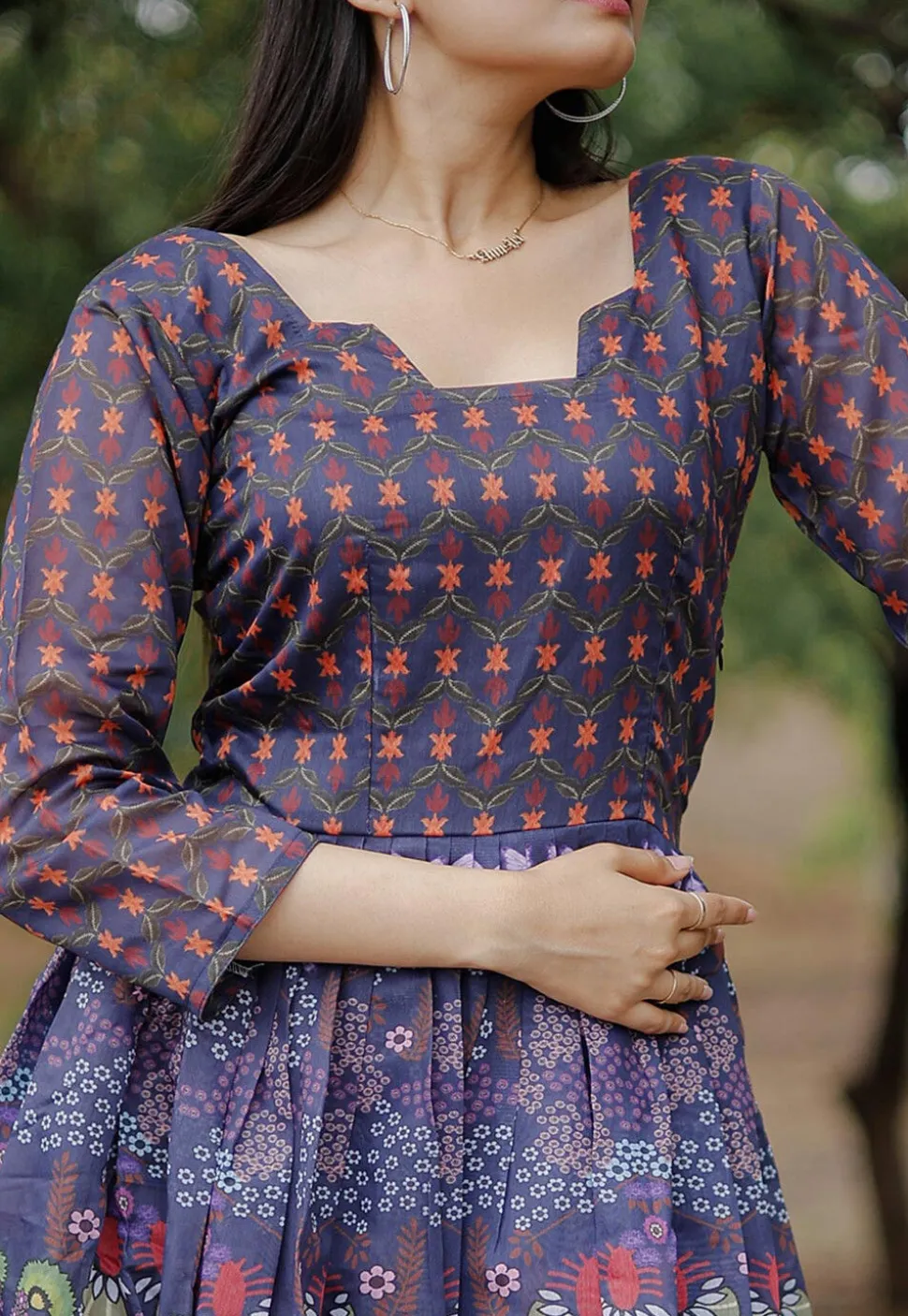 Digital Printed Chanderi Cotton Maxi Dress in Navy Blue