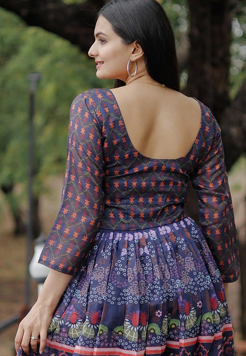 Digital Printed Chanderi Cotton Maxi Dress in Navy Blue