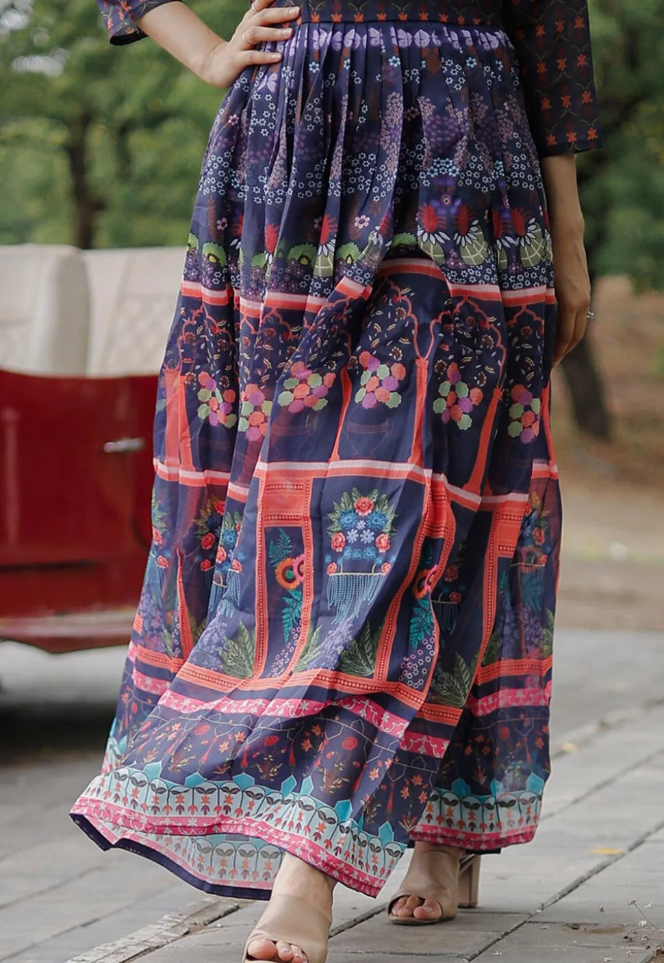 Digital Printed Chanderi Cotton Maxi Dress in Navy Blue