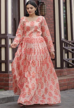 Digital Printed Chanderi Silk Gown in Peach