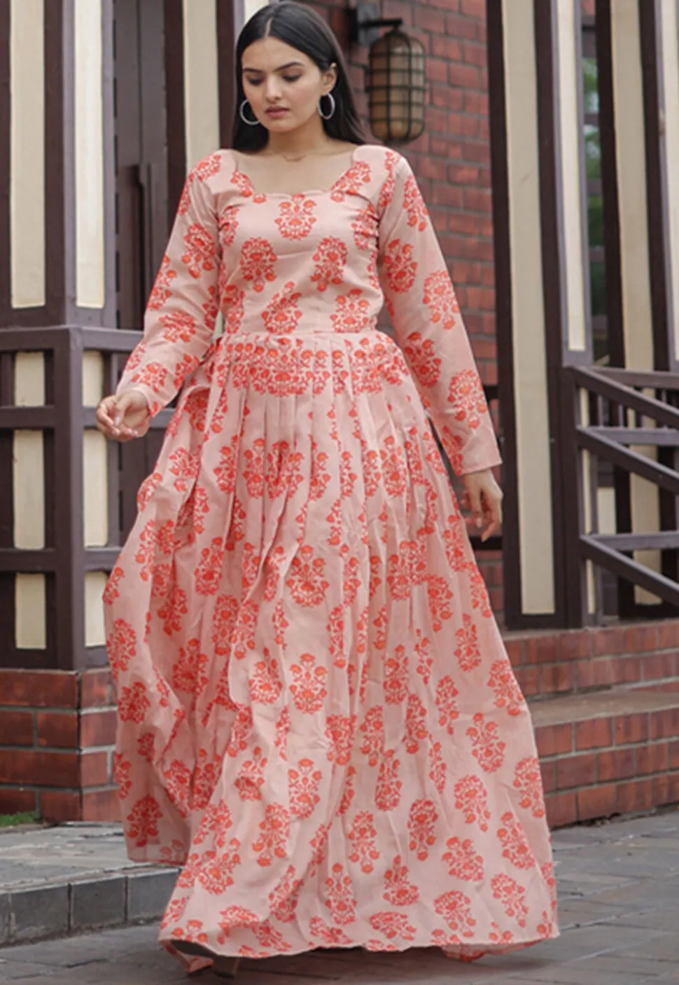 Digital Printed Chanderi Silk Gown in Peach