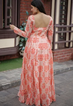 Digital Printed Chanderi Silk Gown in Peach