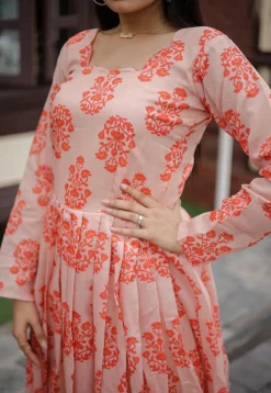Digital Printed Chanderi Silk Gown in Peach