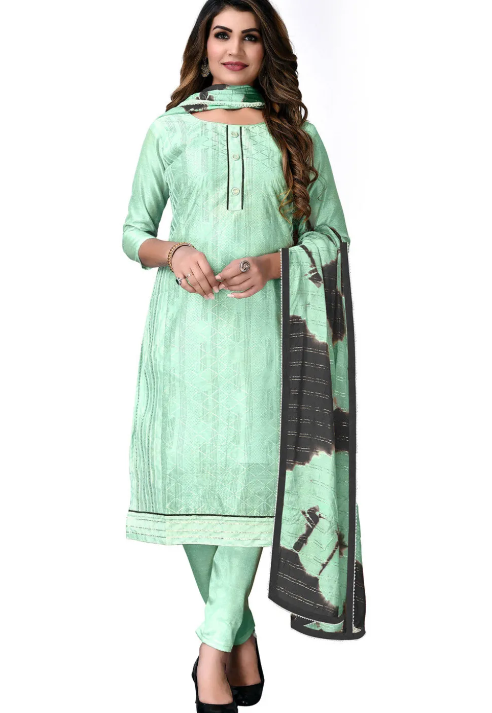 Digital Printed Chanderi Cotton Pakistani Suit in Sea Green
