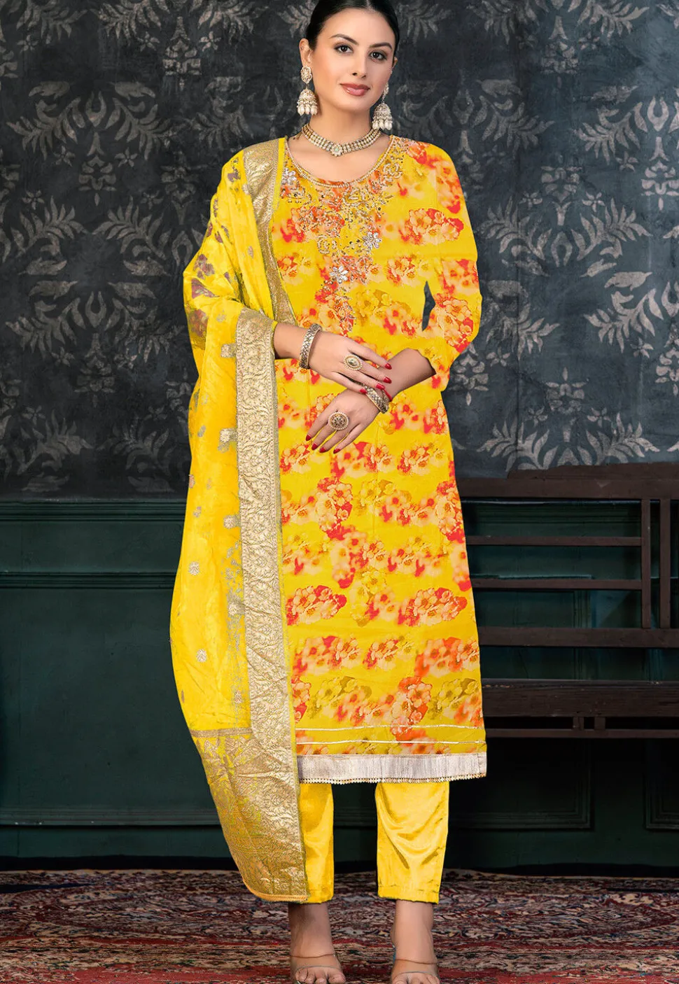 Digital Printed Chanderi Silk Pakistani Suit in Yellow