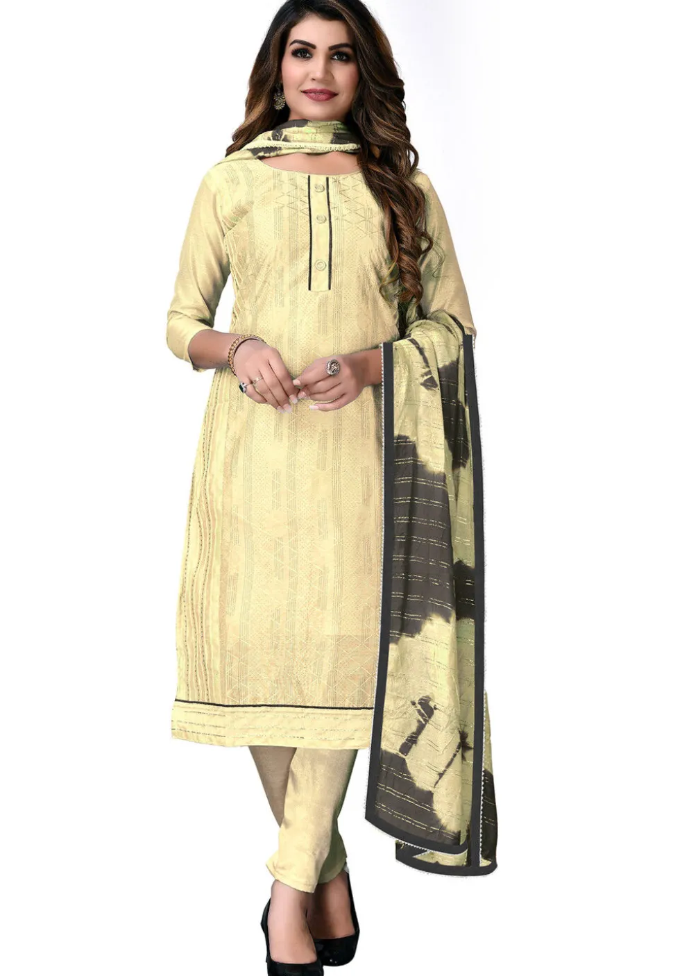 Digital Printed Chanderi Cotton Pakistani Suit in Light Yellow