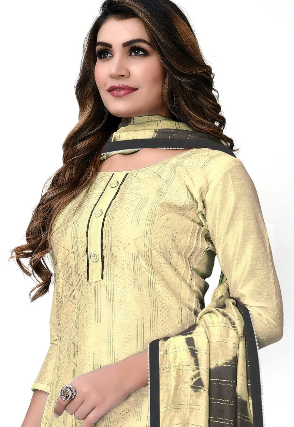 Digital Printed Chanderi Cotton Pakistani Suit in Light Yellow