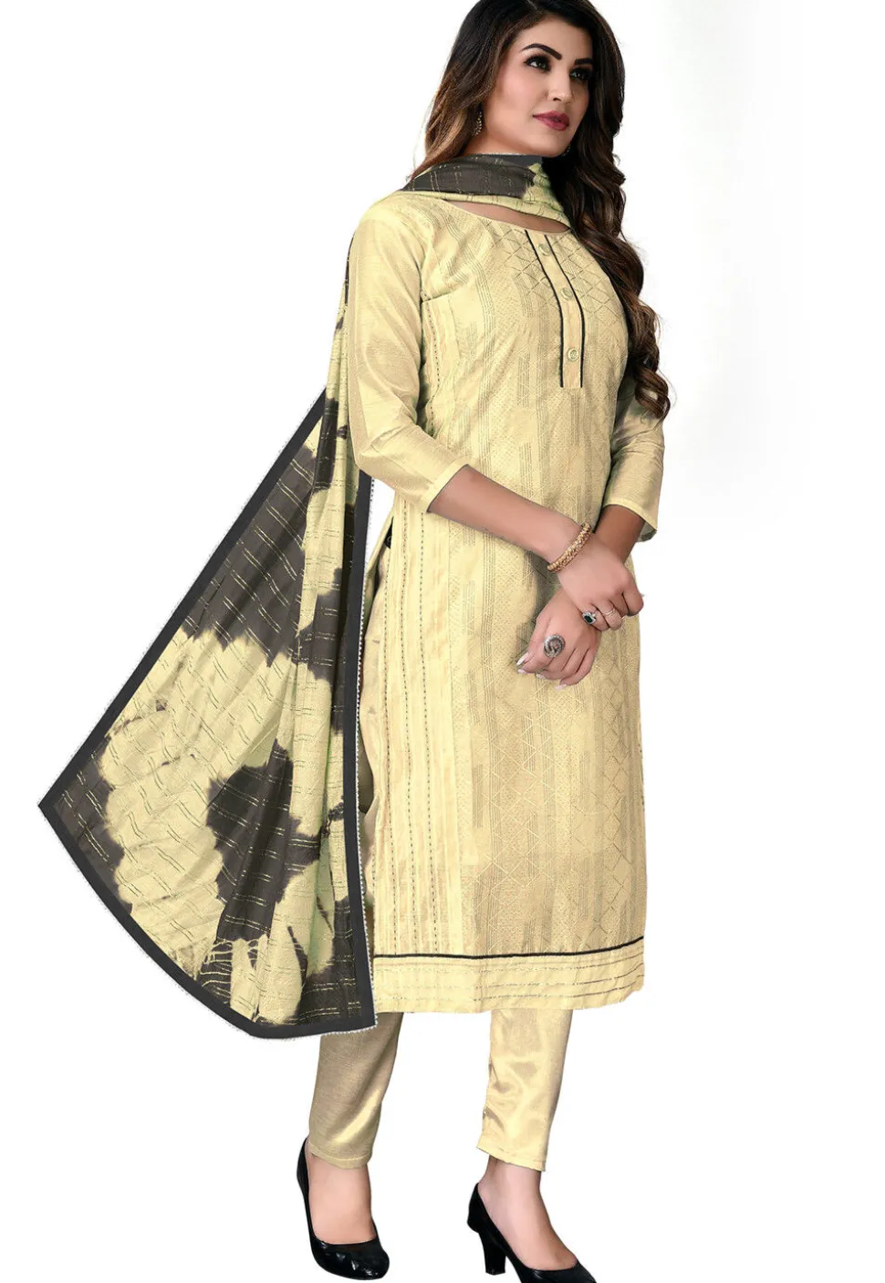 Digital Printed Chanderi Cotton Pakistani Suit in Light Yellow