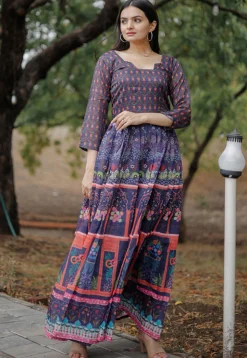 Digital Printed Chanderi Silk Gown in Blue