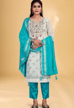 Digital Printed Chanderi Silk Pakistani Suit in Off White