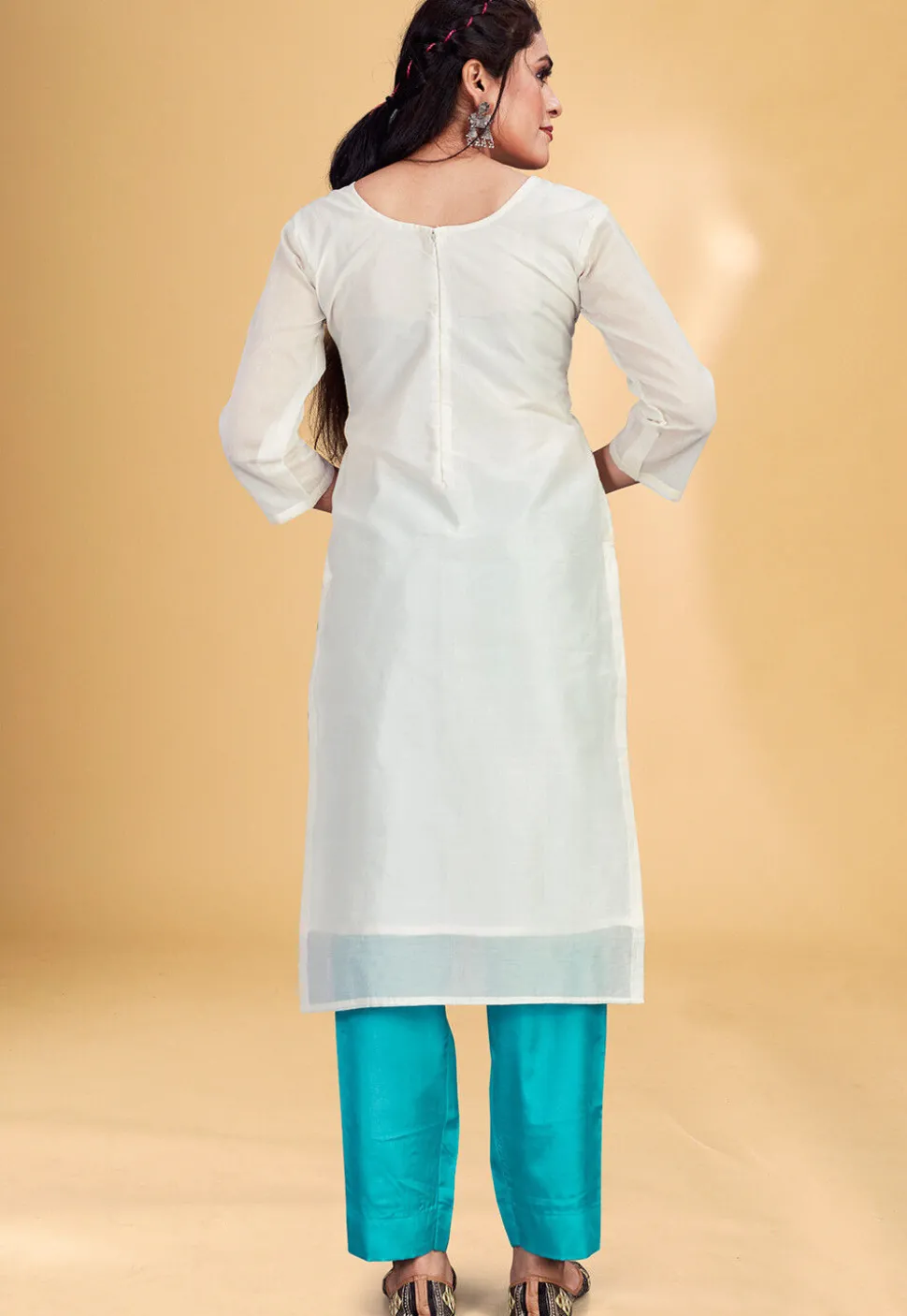 Digital Printed Chanderi Silk Pakistani Suit in Off White