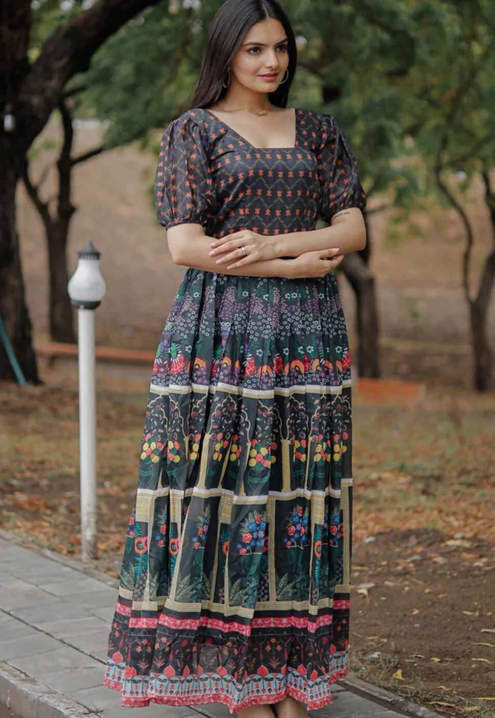 Digital Printed Chanderi Silk Gown in Black