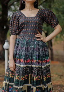 Digital Printed Chanderi Silk Gown in Black