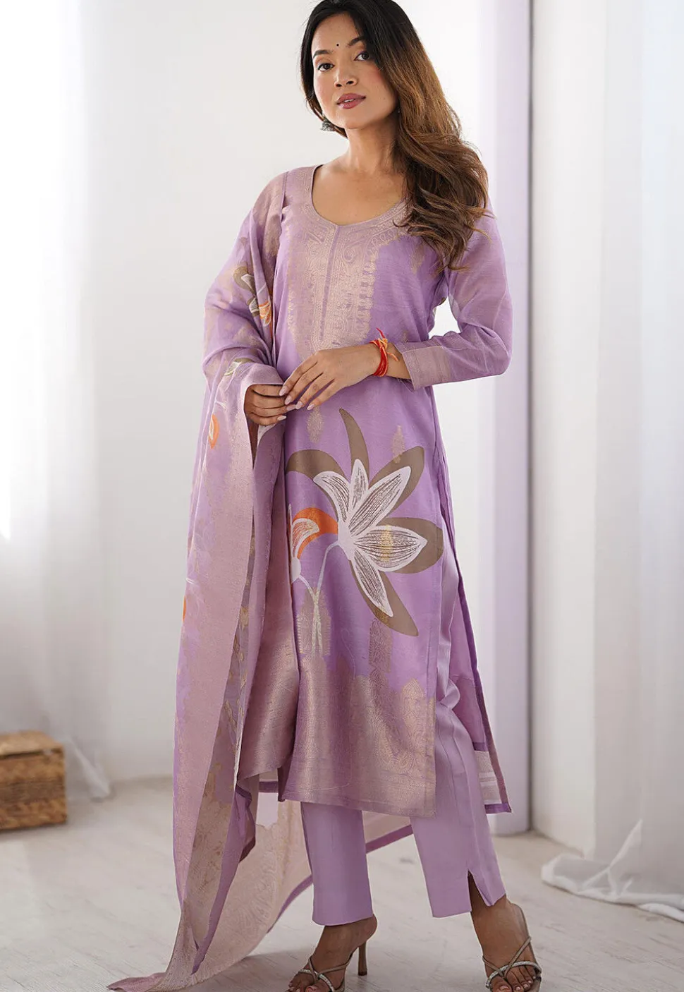 Digital Printed Chanderi Silk Pakistani Suit in Purple