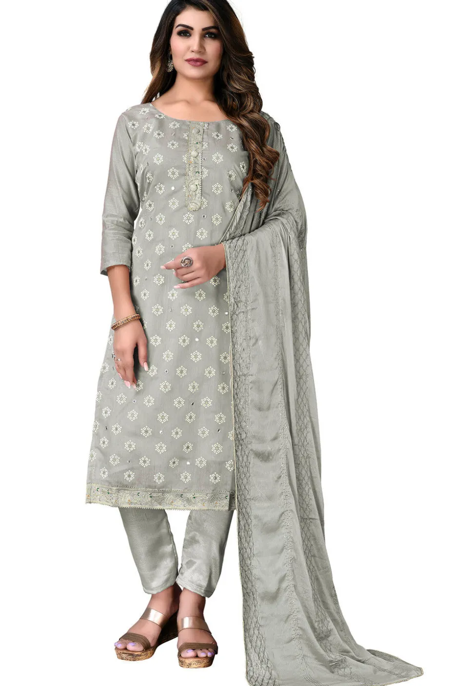 Digital Printed Chanderi Cotton Pakistani Suit in Grey