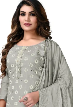 Digital Printed Chanderi Cotton Pakistani Suit in Grey