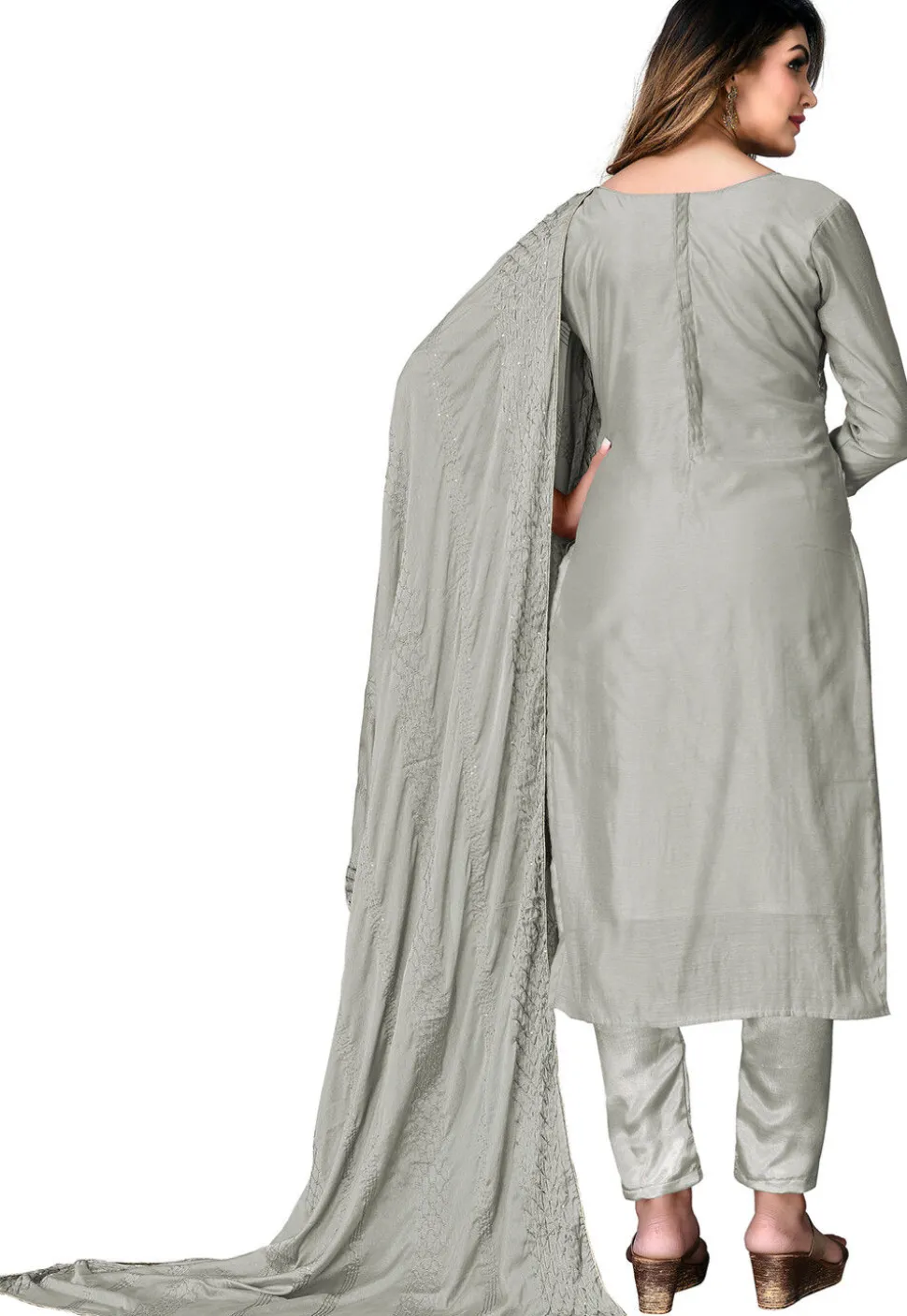 Digital Printed Chanderi Cotton Pakistani Suit in Grey