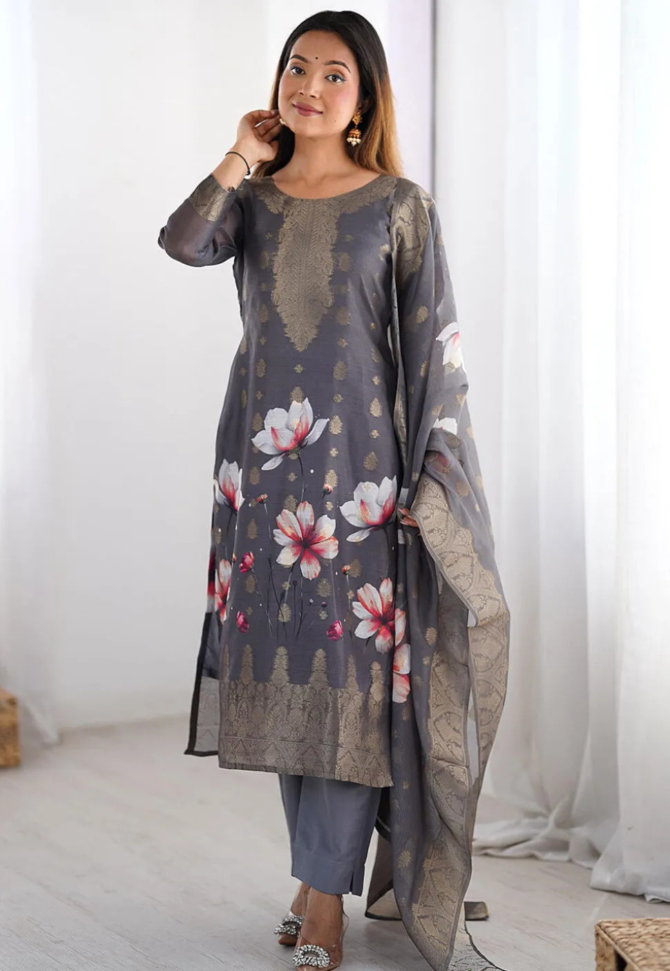 Digital Printed Chanderi Silk Pakistani Suit in Grey