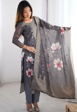 Digital Printed Chanderi Silk Pakistani Suit in Grey
