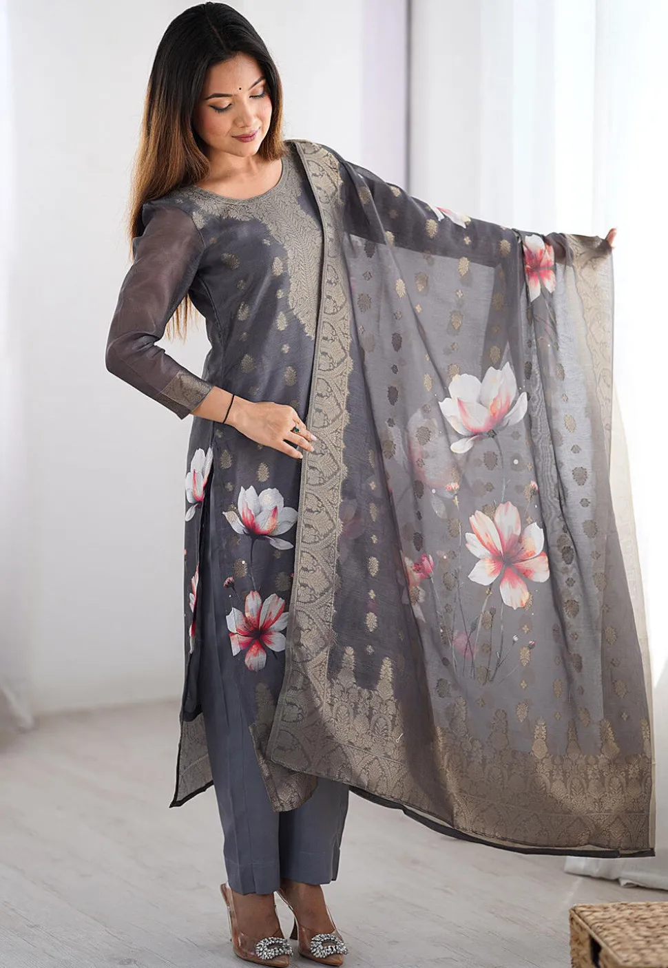 Digital Printed Chanderi Silk Pakistani Suit in Grey