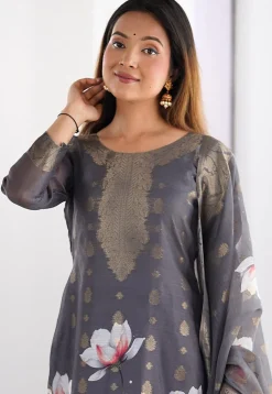 Digital Printed Chanderi Silk Pakistani Suit in Grey