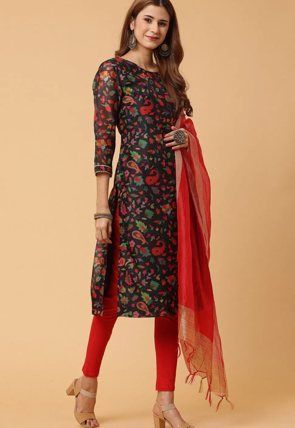Digital Printed Chanderi Silk Pakistani Suit in Black