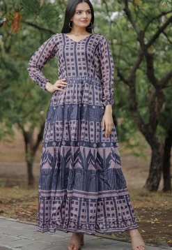 Digital Printed   Chanderi Cotton Maxi Dress in Navy Blue