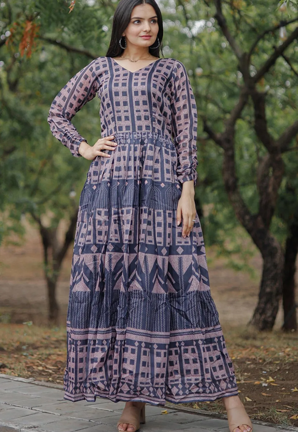 Digital Printed Chanderi Cotton Maxi Dress in Navy Blue