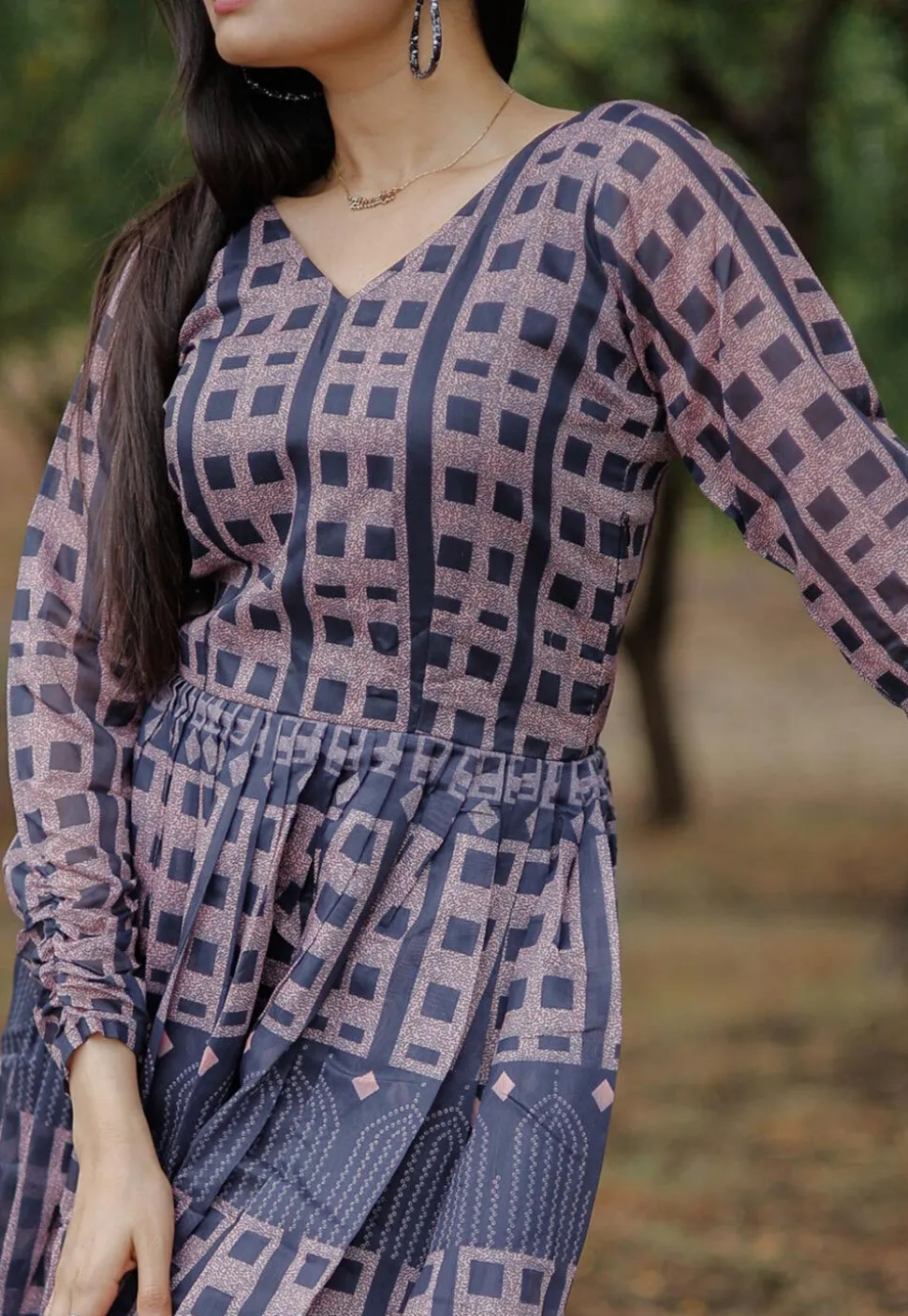 Digital Printed Chanderi Cotton Maxi Dress in Navy Blue