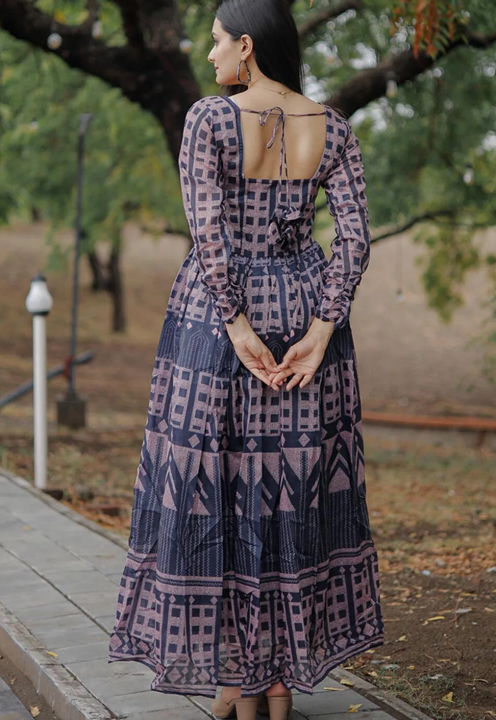 Digital Printed Chanderi Cotton Maxi Dress in Navy Blue