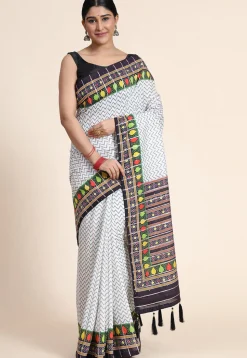 Digital Printed Chanderi Cotton Saree in Off White