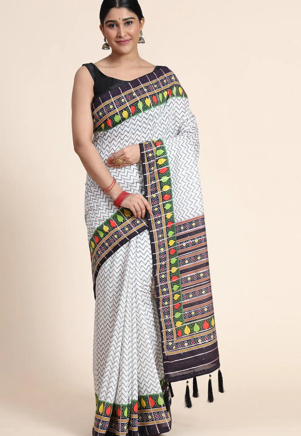 Digital Printed Chanderi Cotton Saree in Off White