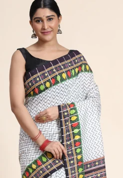 Digital Printed Chanderi Cotton Saree in Off White