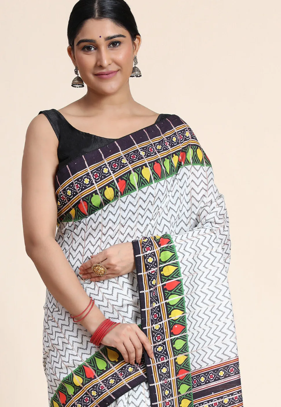 Digital Printed Chanderi Cotton Saree in Off White