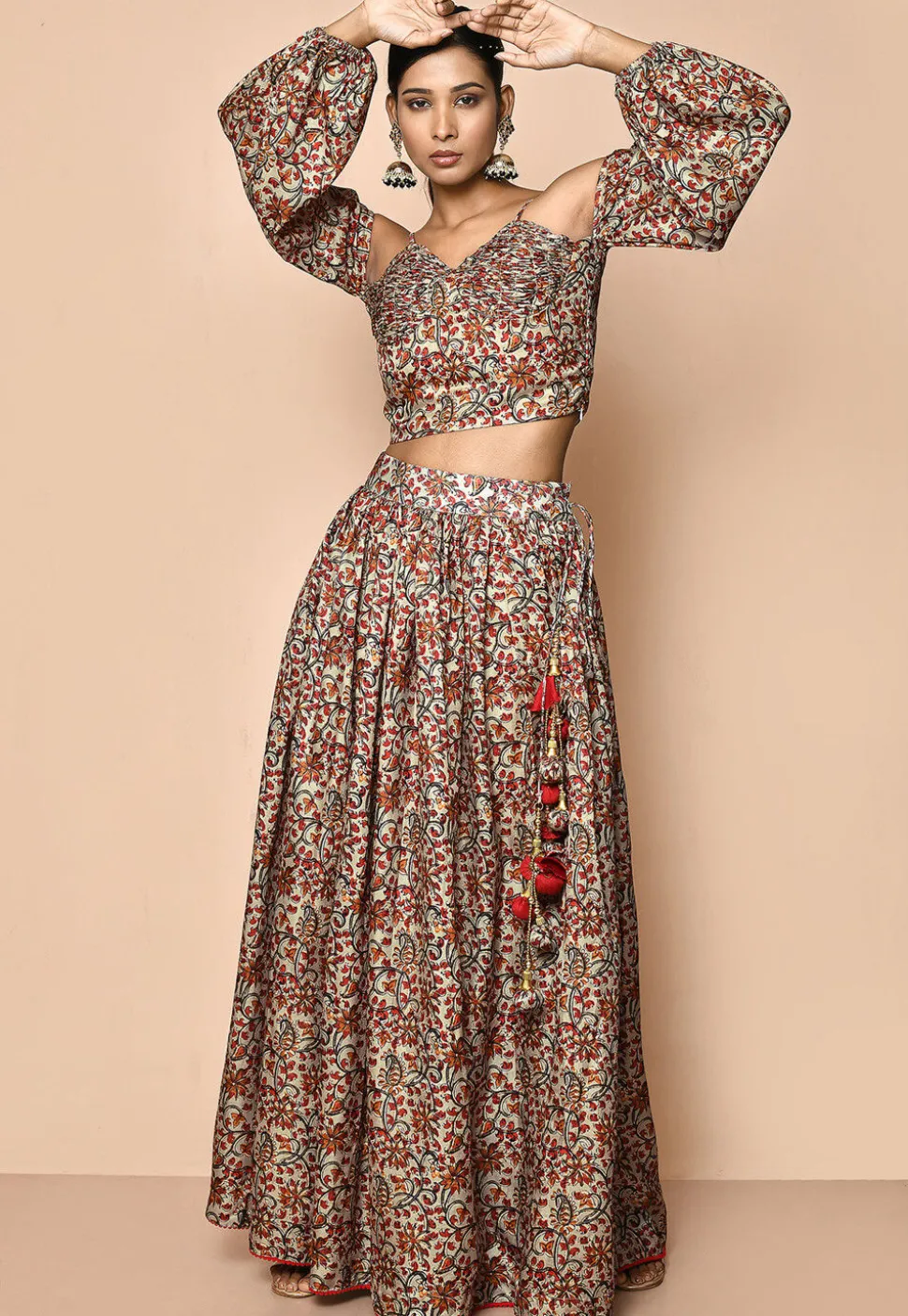 Digital Printed Chanderi Cotton Crop Top Set in Beige