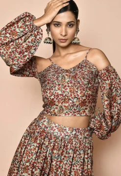 Digital Printed Chanderi Cotton Crop Top Set in Beige